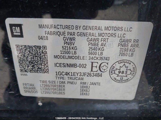 12688459 :رقم المزاد ، 1GC4K1EY3JF263484 vin ، 2018 Chevrolet Silverado K3500 High Country مزاد بيع