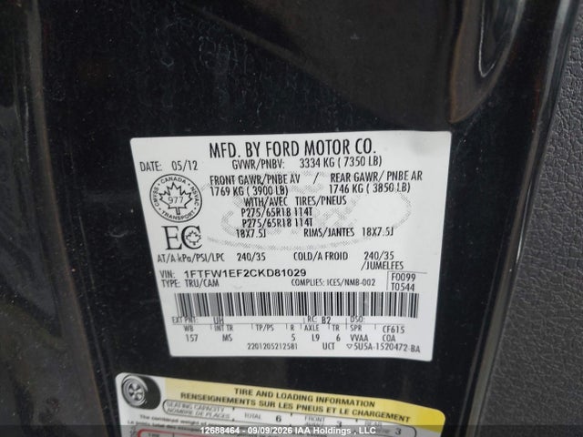 Aukcja sprzedaży 2012 Ford F150 Supercrew, vin: 1FTFW1EF2CKD81029, numer aukcji: 12688464