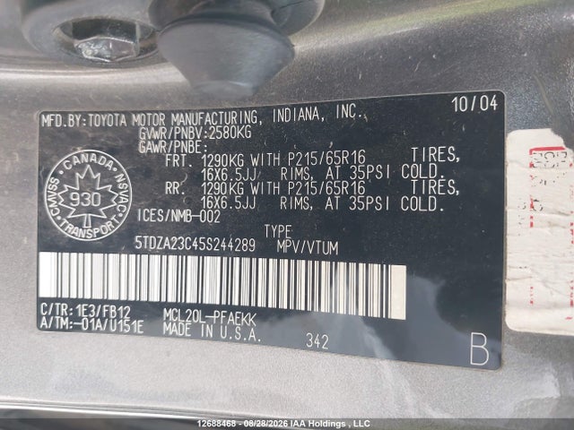 Продажа на аукционе авто 2005 Toyota Sienna Le V6, vin: 5TDZA23C45S244289, номер лота: 12688468