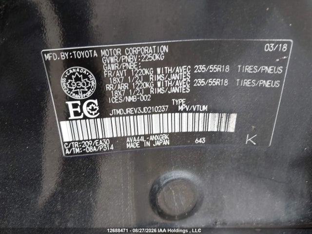 Aukcja sprzedaży 2018 Toyota Rav4 Hybrid Limited, vin: JTMDJREV3JD210237, numer aukcji: 12688471