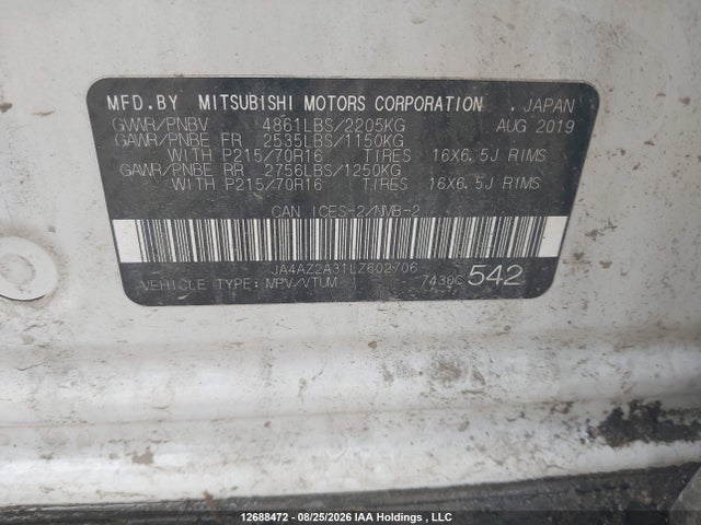 Aukcja sprzedaży 2020 Mitsubishi Outlander Es, vin: JA4AZ2A31LZ602706, numer aukcji: 12688472