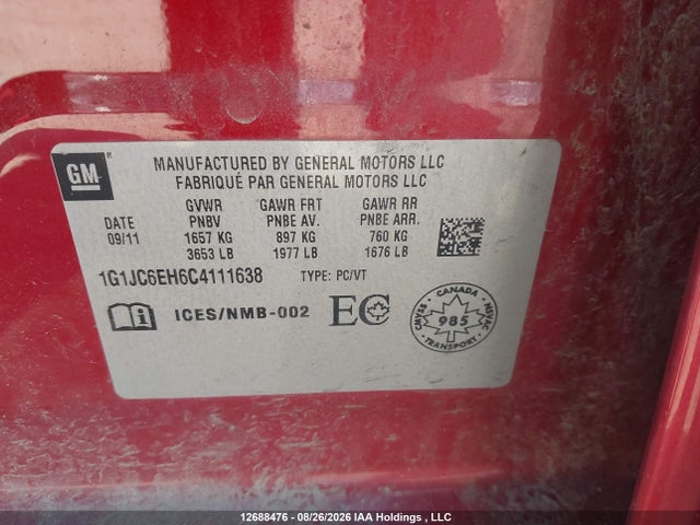 2012 Chevrolet Sonic Lt მანქანა იყიდება აუქციონზე, vin: 1G1JC6EH6C4111638, აუქციონის ნომერი: 12688476