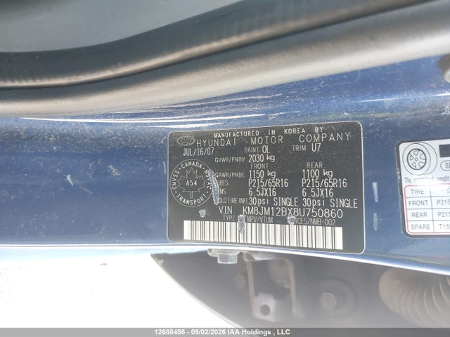 12688486 :رقم المزاد ، KM8JM12BX8U750860 vin ، 2008 Hyundai Tucson Gls مزاد بيع