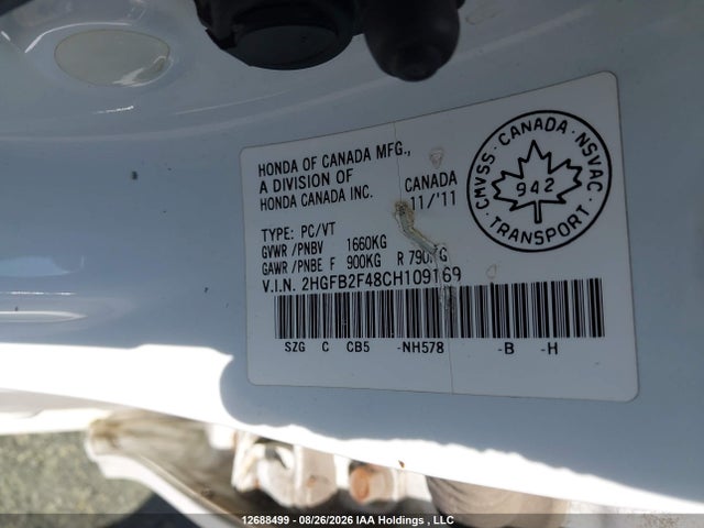12688499 :رقم المزاد ، 2HGFB2F48CH109169 vin ، 2012 Honda Civic Lx مزاد بيع
