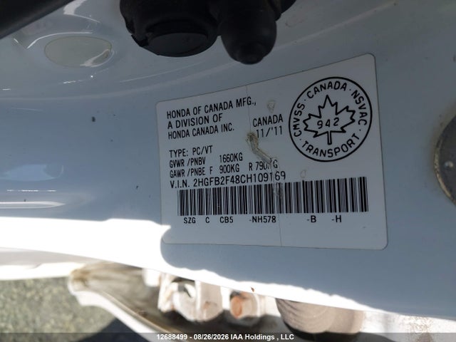12688499 :رقم المزاد ، 2HGFB2F48CH109169 vin ، 2012 Honda Civic Lx مزاد بيع