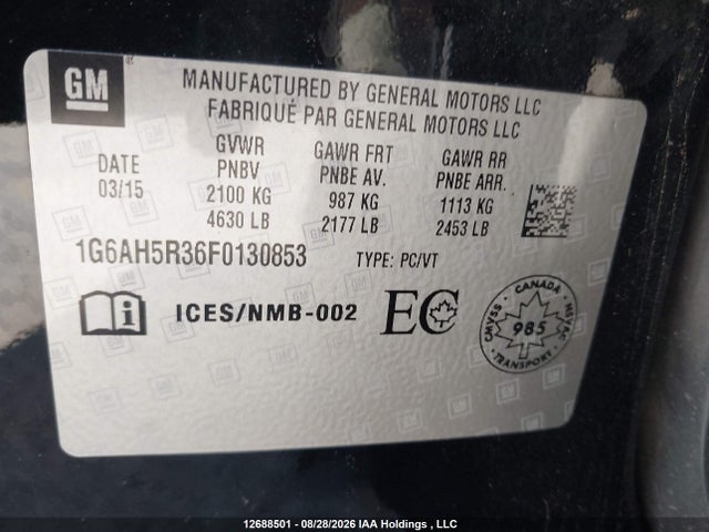 12688501 :رقم المزاد ، 1G6AH5R36F0130853 vin ، 2015 Cadillac Ats مزاد بيع