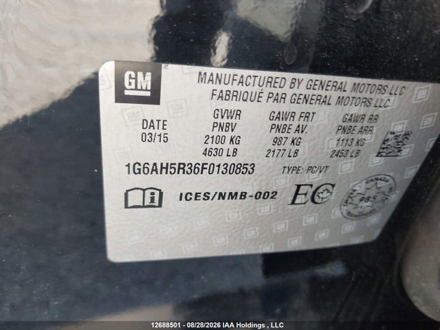12688501 :رقم المزاد ، 1G6AH5R36F0130853 vin ، 2015 Cadillac Ats مزاد بيع