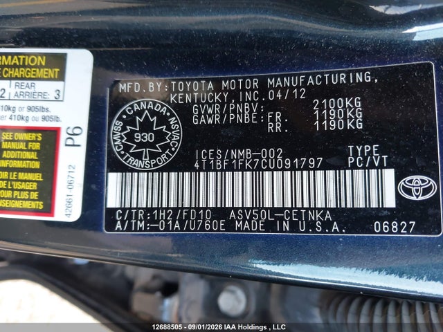 Продажа на аукционе авто 2012 Toyota Camry Le, vin: 4T1BF1FK7CU091797, номер лота: 12688505