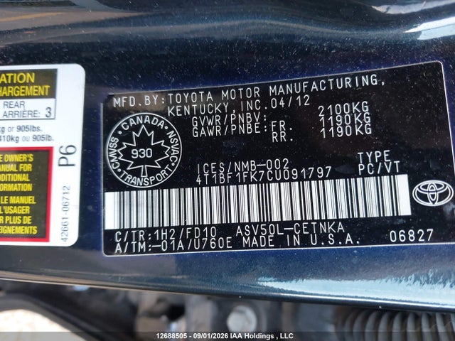 Продажа на аукционе авто 2012 Toyota Camry Le, vin: 4T1BF1FK7CU091797, номер лота: 12688505