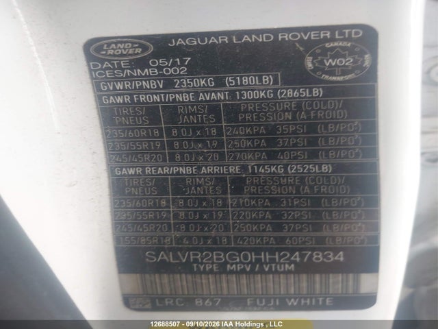 Продаж на аукціоні авто 2017 Land Rover Range Rover Evoque, vin: SALVR2BG0HH247834, номер лоту: 12688507