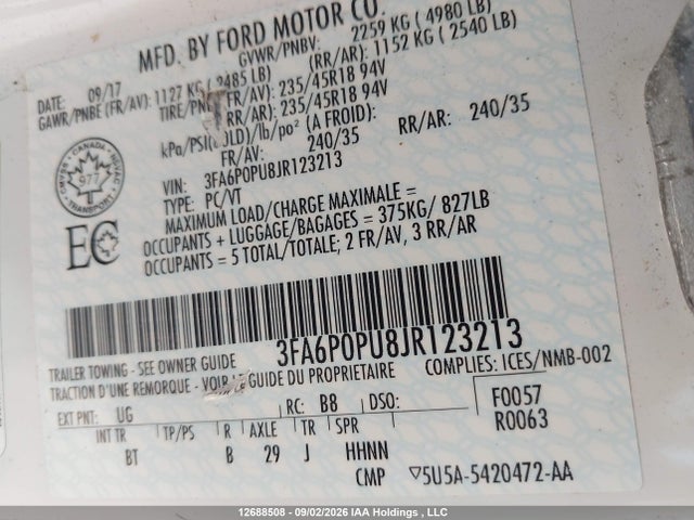 Продажа на аукционе авто 2018 Ford Fusion Se Phev, vin: 3FA6P0PU8JR123213, номер лота: 12688508