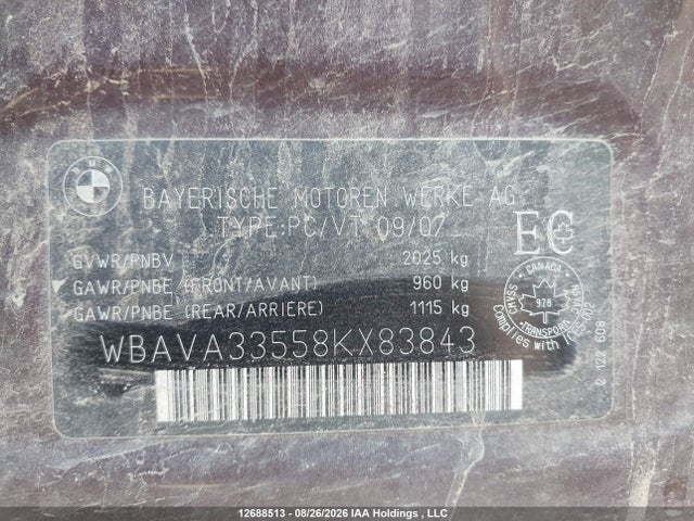12688513 :رقم المزاد ، WBAVA33558KX83843 vin ، 2008 Bmw 328i مزاد بيع
