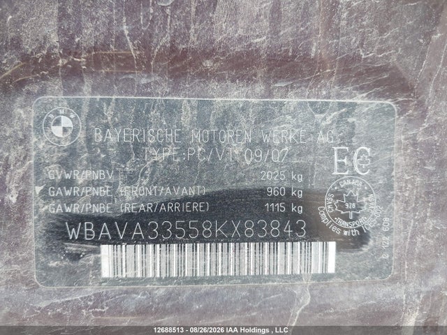 12688513 :رقم المزاد ، WBAVA33558KX83843 vin ، 2008 Bmw 328i مزاد بيع