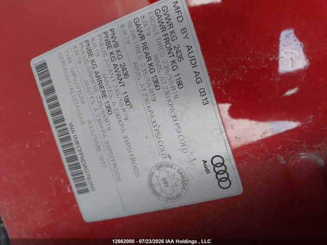 Aukcja sprzedaży 2013 Audi Q5 2.0t Premium, vin: WA1MFCFP8DA078350, numer aukcji: 12662000