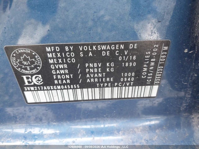 12688568 :رقم المزاد ، 3VW217AUXGM045855 vin ، 2016 Volkswagen Golf 1.8 Tsi Comfortline/1.8 Tsi Highline/1.8 Tsi Trendline مزاد بيع