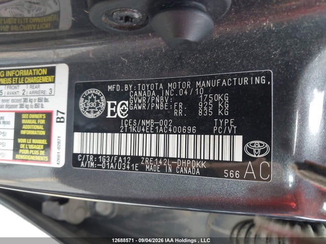 12688571 :رقم المزاد ، 2T1KU4EE1AC400696 vin ، 2010 Toyota Matrix مزاد بيع