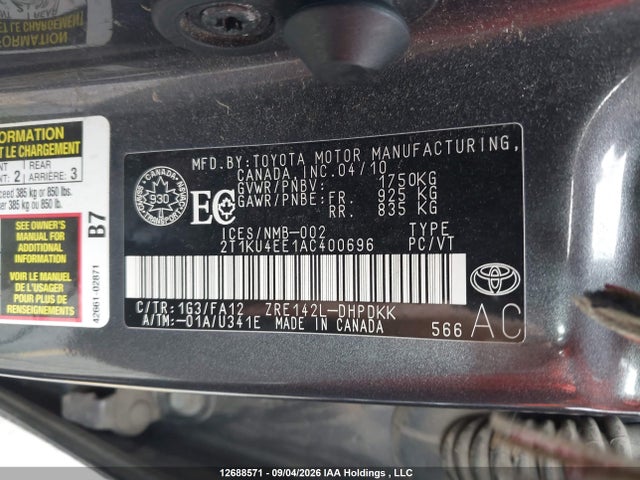 12688571 :رقم المزاد ، 2T1KU4EE1AC400696 vin ، 2010 Toyota Matrix مزاد بيع
