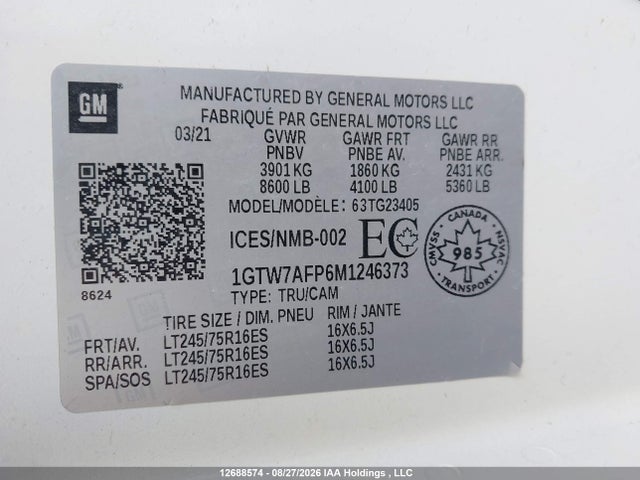Продаж на аукціоні авто 2021 Gmc Savana 2500 Work Van, vin: 1GTW7AFP6M1246373, номер лоту: 12688574