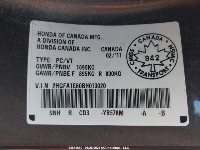 Aukcja sprzedaży 2011 Honda Civic Se, vin: 2HGFA1E60BH013020, numer aukcji: 12688580