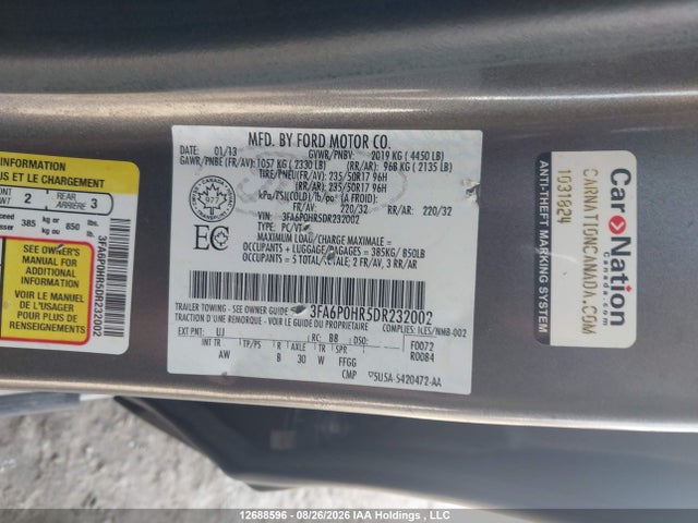Aukcja sprzedaży 2013 Ford Fusion, vin: 3FA6P0HR5DR232002, numer aukcji: 12688596