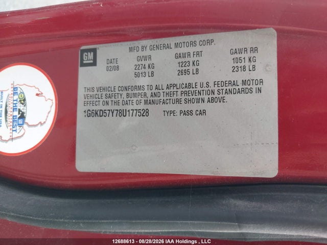 12688613 :رقم المزاد ، 1G6KD57Y78U177528 vin ، 2008 Cadillac Dts مزاد بيع