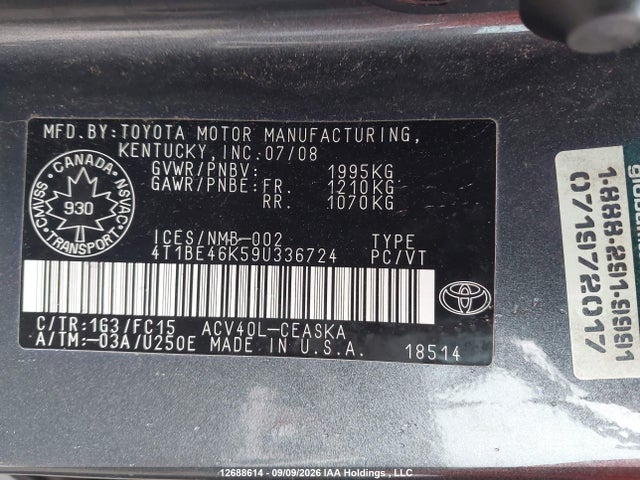 Aukcja sprzedaży 2009 Toyota Camry Se, vin: 4T1BE46K59U336724, numer aukcji: 12688614