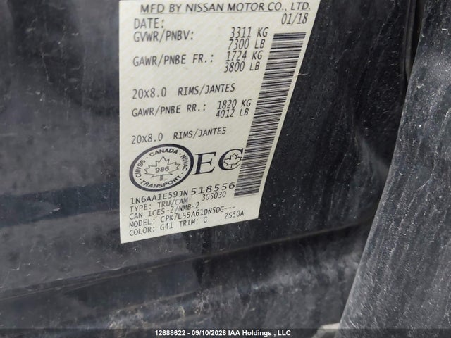 12688622 :رقم المزاد ، 1N6AA1E59JN518556 vin ، 2018 Nissan Titan Platinum/pro-4x/s/sl Midnight Edition/sv/sv Midnight Edition مزاد بيع