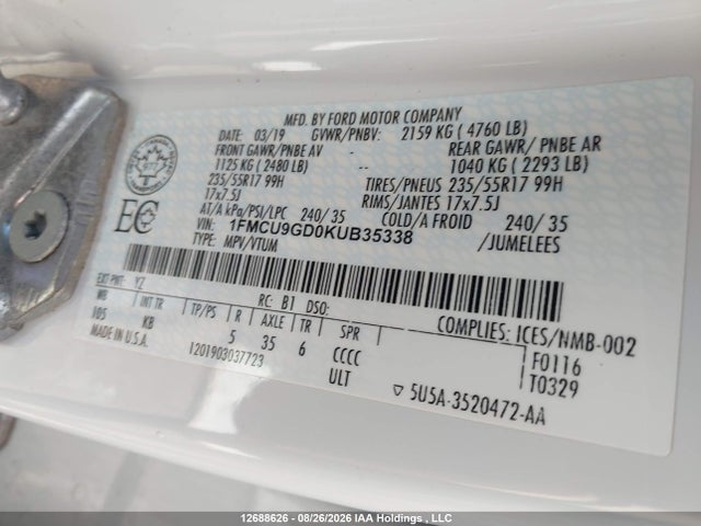 Aukcja sprzedaży 2019 Ford Escape, vin: 1FMCU9GD0KUB35338, numer aukcji: 12688626