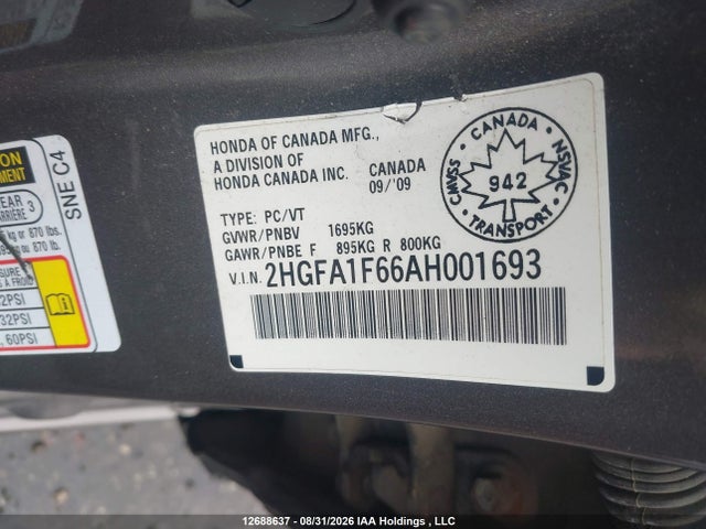 2010 Honda Civic Sport მანქანა იყიდება აუქციონზე, vin: 2HGFA1F66AH001693, აუქციონის ნომერი: 12688637