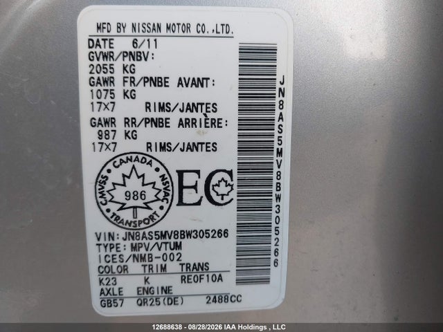 Aukcja sprzedaży 2011 Nissan Rogue S/sv/krom, vin: JN8AS5MV8BW305266, numer aukcji: 12688638