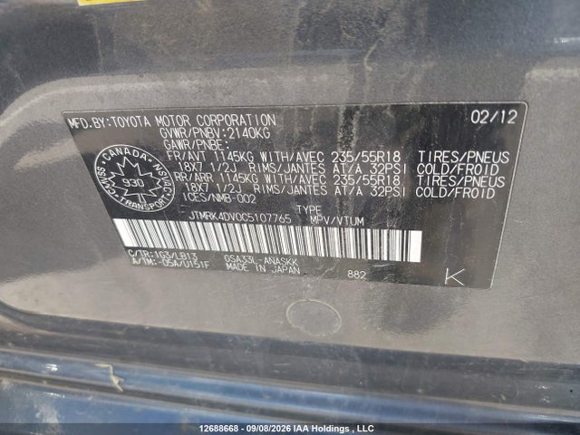 Продажа на аукционе авто 2012 Toyota Rav4 Sport V6, vin: JTMRK4DV0C5107765, номер лота: 12688668