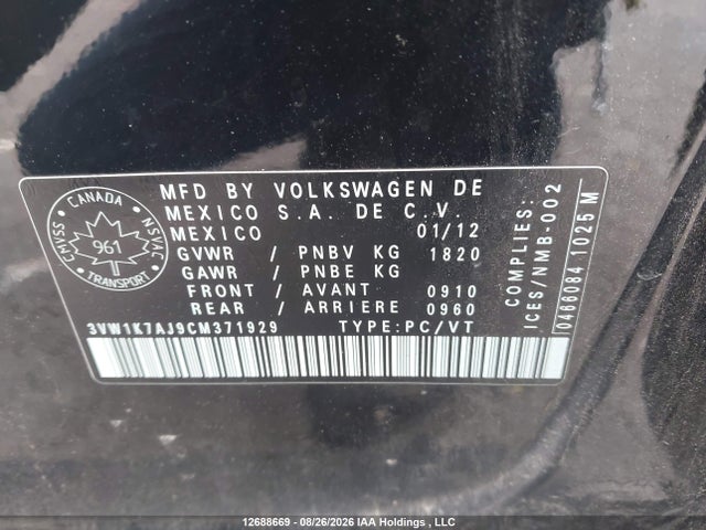 Auction sale of the 2012 Volkswagen Jetta S, vin: 3VW1K7AJ9CM371929, lot number: 12688669