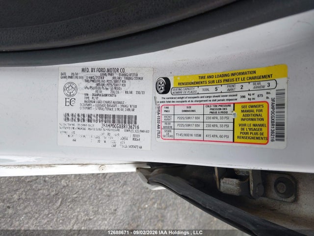 12688671 :رقم المزاد ، 3FAHP0CGXBR136216 vin ، 2011 Ford Fusion Sel مزاد بيع