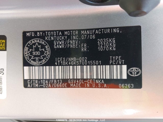 Продажа на аукционе авто 2007 Toyota Camry, vin: 4T1BK46K57U015501, номер лота: 12688676