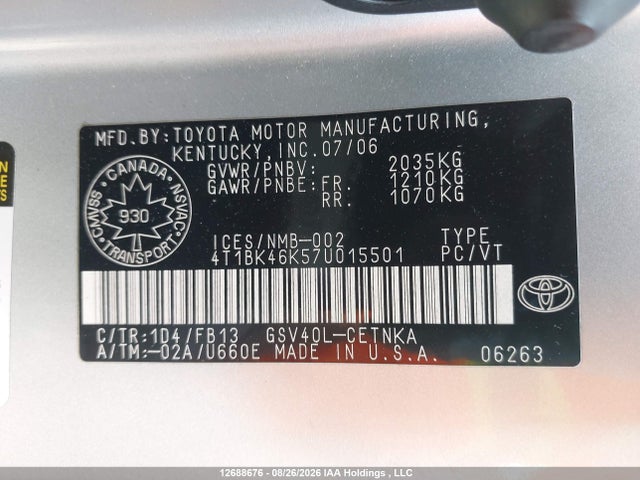 Продажа на аукционе авто 2007 Toyota Camry, vin: 4T1BK46K57U015501, номер лота: 12688676
