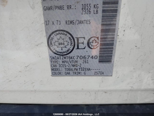 5N1AT2MT6KC706740 Nissan Rogue S/sl/sv