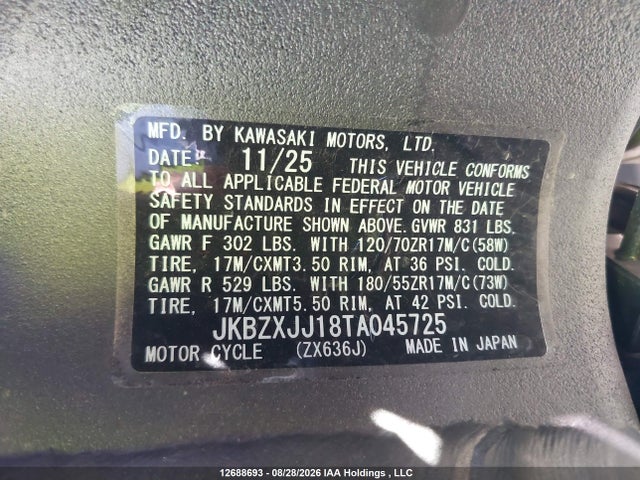 Aukcja sprzedaży 2026 Kawasaki Zx636 K, vin: JKBZXJJ18TA045725, numer aukcji: 12688693
