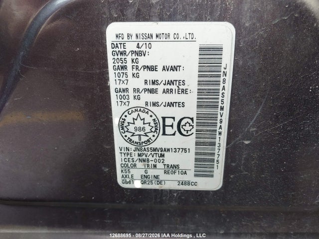 12688695 :رقم المزاد ، JN8AS5MV9AW137751 vin ، 2010 Nissan Rogue Sl مزاد بيع