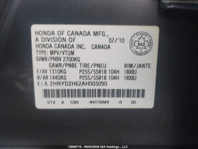 Aukcja sprzedaży 2010 Acura Mdx Technology, vin: 2HNYD2H62AH005090, numer aukcji: 12688715