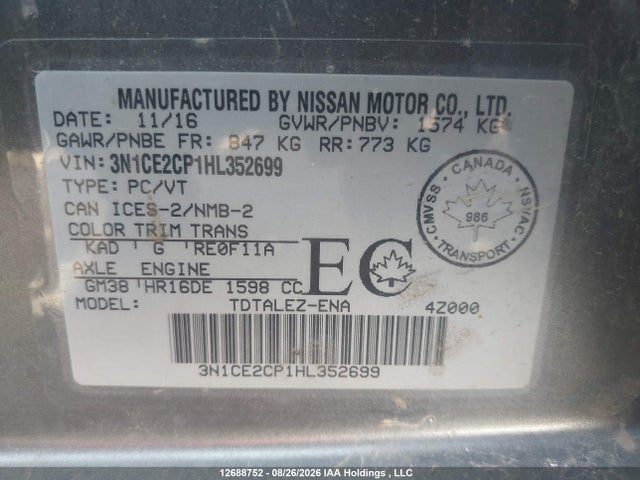Продаж на аукціоні авто 2017 Nissan Versa Note 1.6 S/1.6 Sl/1.6 Sr/1.6 Sv, vin: 3N1CE2CP1HL352699, номер лоту: 12688752