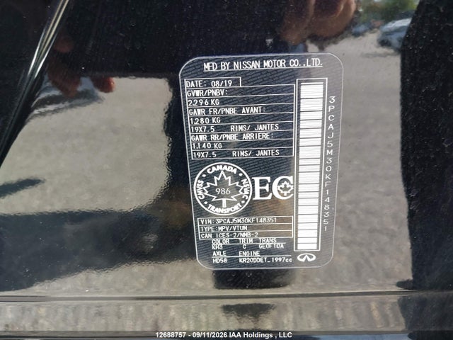 2019 Infiniti Qx50 Autograph/essential/luxe/proactive/sensory მანქანა იყიდება აუქციონზე, vin: 3PCAJ5M30KF148351, აუქციონის ნომერი: 12688757