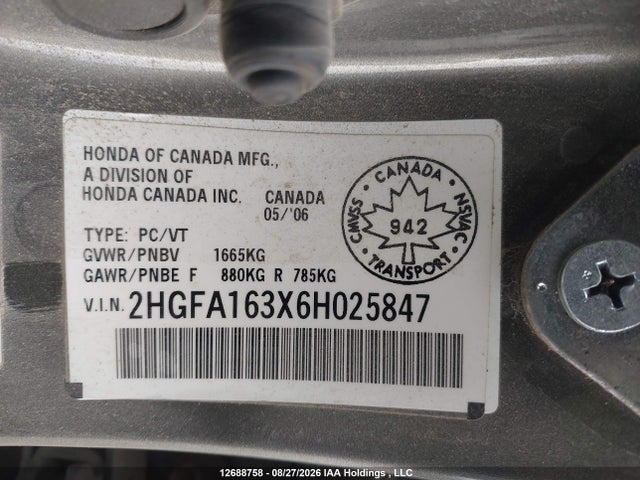 Aukcja sprzedaży 2006 Honda Civic Dx Vp, vin: 2HGFA163X6H025847, numer aukcji: 12688758