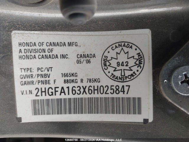 Aukcja sprzedaży 2006 Honda Civic Dx Vp, vin: 2HGFA163X6H025847, numer aukcji: 12688758