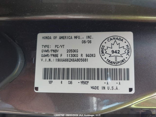 12688765 :رقم المزاد ، 19UUA662X6A805681 vin ، 2006 Acura Tl مزاد بيع