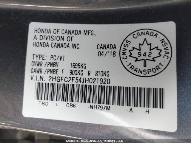 Продажа на аукционе авто 2018 Honda Civic Lx, vin: 2HGFC2F54JH021920, номер лота: 12688776