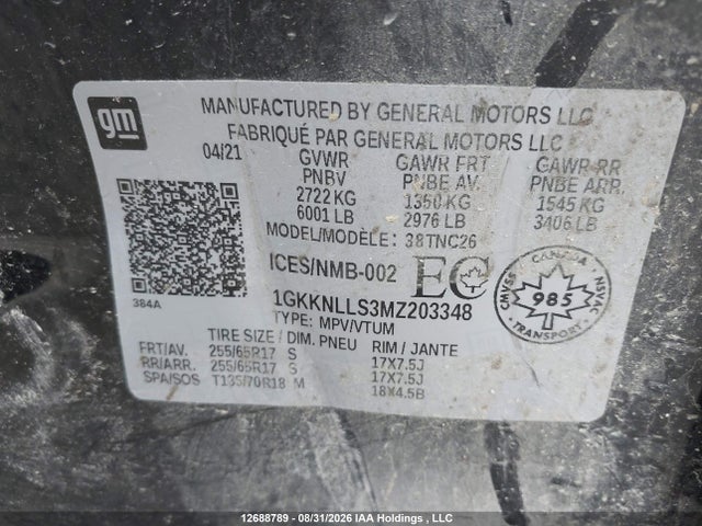 Aukcja sprzedaży 2021 Gmc Acadia, vin: 1GKKNLLS3MZ203348, numer aukcji: 12688789