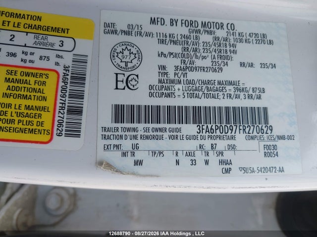 2015 Ford Fusion Titanium მანქანა იყიდება აუქციონზე, vin: 3FA6P0D97FR270629, აუქციონის ნომერი: 12688790