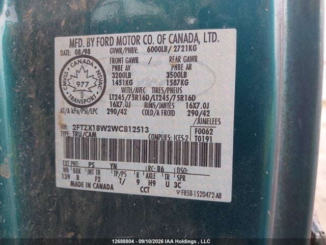 Продаж на аукціоні авто 1998 Ford F-150 Lariat/standard/xl/xlt, vin: 2FTZX18W2WCB12513, номер лоту: 12688804