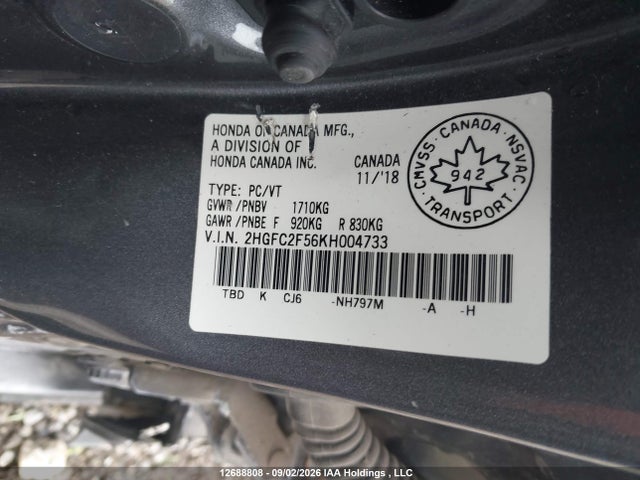 2019 Honda Civic Lx მანქანა იყიდება აუქციონზე, vin: 2HGFC2F56KH004733, აუქციონის ნომერი: 12688808