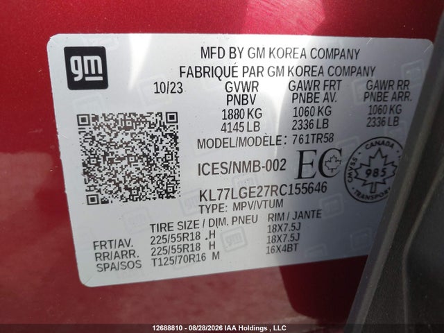 Aukcja sprzedaży 2024 Chevrolet Trax 1rs, vin: KL77LGE27RC155646, numer aukcji: 12688810